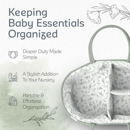 KiddyCare Diaper Caddy Organizer for Baby Nursery Basket with Handle Lid Nursing Caddy with Changing Table Organizer Cart Newborn Caddy Basil Large